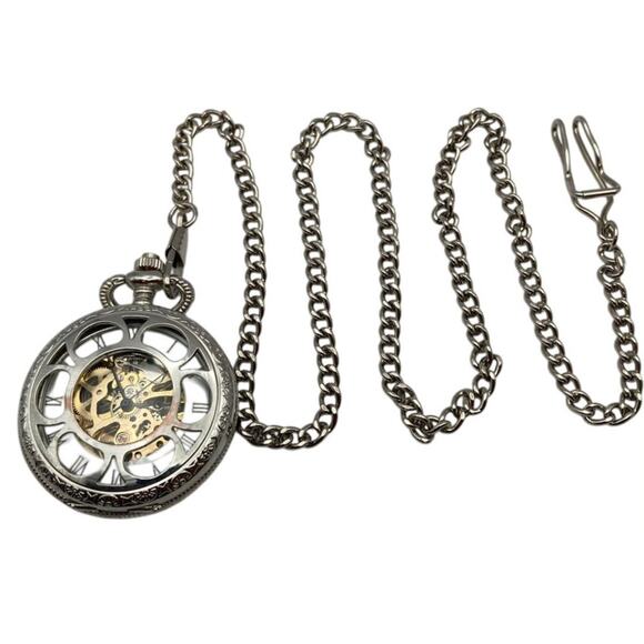 Skeleton Half Hunter Mechanical Pocket Watch Roman Numeral - 24" Chain with Clip - Picture 1 of 5